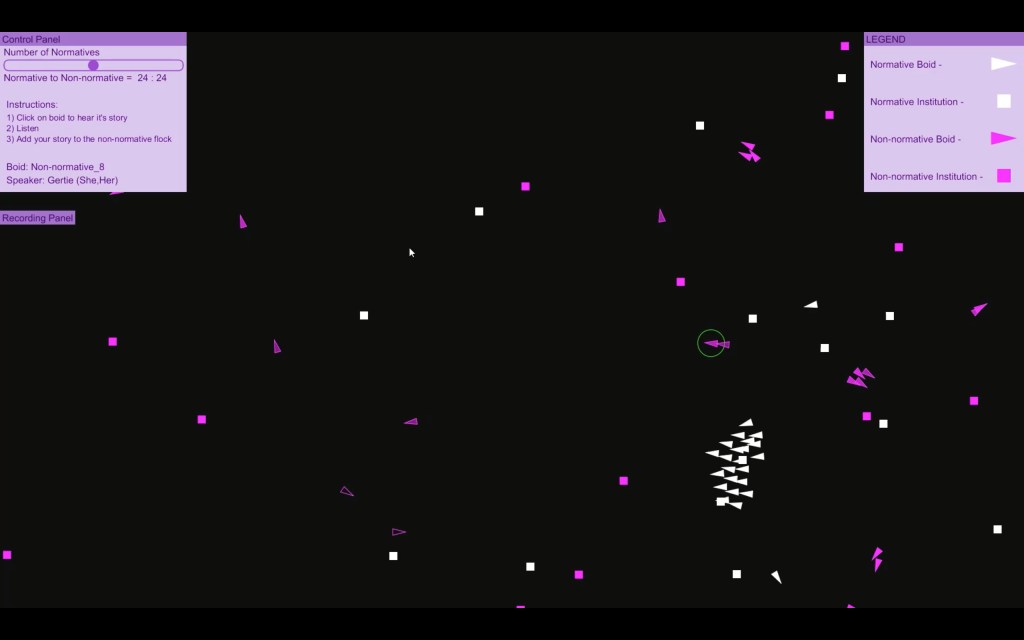 Screenshot of the Flocking QT Stories Computer Simulation